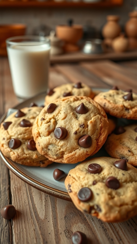 A plate of golden brown chocolate chip cookies with melted chocolate chips, accompanied by a glass of milk on a wooden table.